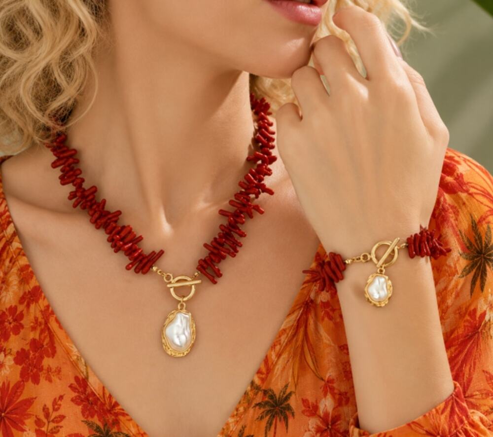 Faux Red Coral and Faux Freshwater Pearls Necklace & Bracelet Set Toggle Close